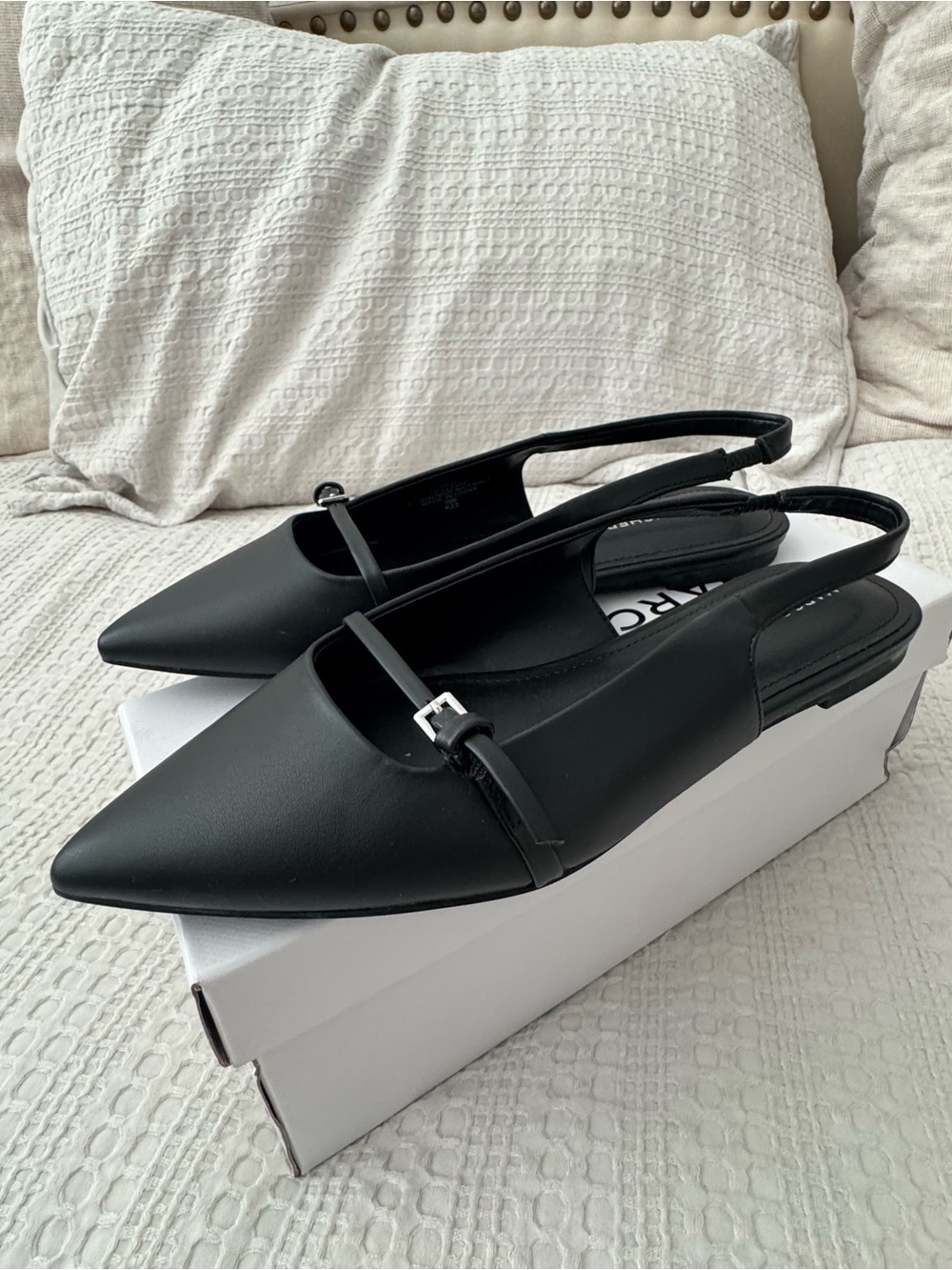 New Marc Fisher Black Pointed Slingback Flats with Buckle Strap